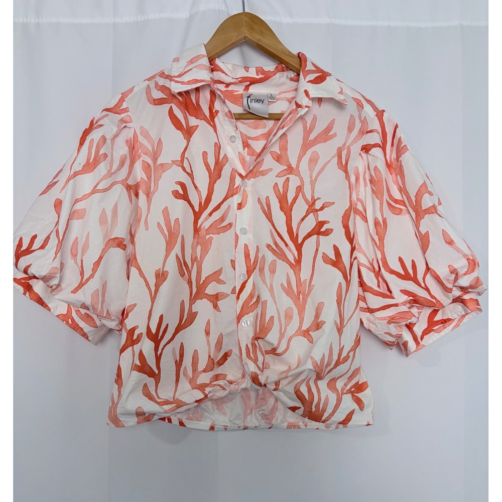 Finley Bomba Shirt Coral Print Puff Sleeve Button Front Orange White L Coastal